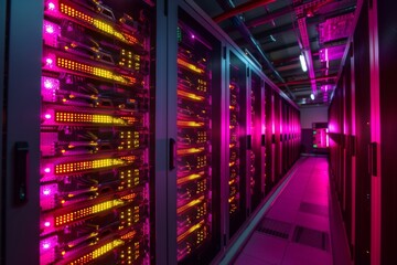 Poster - Server room with purple lighting. Data security, cybersecurity, infrastructure concept. Supercomputer, data center, hardware. Future technology, futuristic computer. Design for banner, poster 