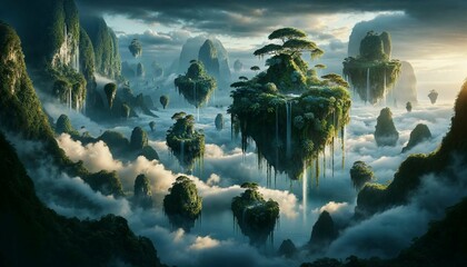Wall Mural - mystic isles aloft, a dreamlike archipelago at twilight - ai generated digital art
