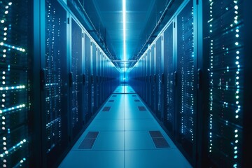 Poster - Server room with rows of rack-mounted servers. Supercomputer or mainframe. Data center. Cloud computing and big data storage. Artificial intelligence concept. Futuristic technology background