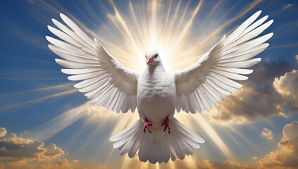 Poster - Winged white dove in the sky symbol of peace. AI generated