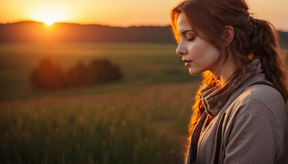 Wall Mural - Beautiful young Woman is praying at sunset in meadow. AI generated