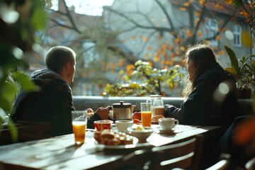 Poster - A picture of a couple sitting together at a table. This image can be used to depict a variety of situations involving couples, such as a romantic dinner