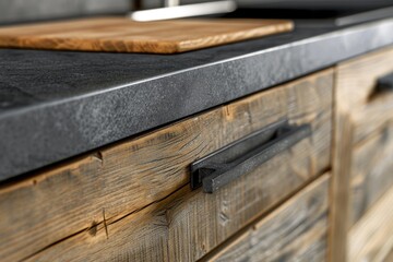 Poster - A kitchen counter with a cutting board placed on top. Ideal for food preparation and cooking-related concepts