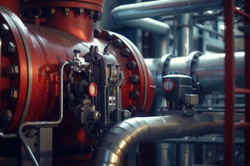 Poster - A detailed view of a large red pipe. This image can be used to illustrate industrial processes or plumbing systems