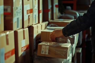 Poster - A person picking boxes from a shelf in a warehouse. Suitable for illustrating warehouse operations and logistics