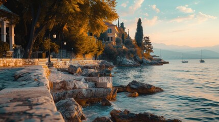 Aufkleber - A picture of a stone wall next to a body of water. This image can be used to depict tranquility and natural beauty