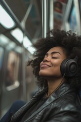 Poster - A woman sitting on a train wearing headphones