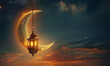 ramadan eid mubarak simple minimalist background. shinny crescent moon and hanging lantern in sky at sunset time for iftar.
