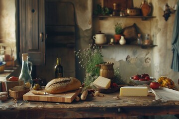 Poster - A wooden table with a freshly baked loaf of bread. Perfect for food and kitchen-related projects