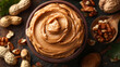 Peanut butter background, top view. Peanut butter texture. Spread swirl. Organic keto food. Healthy creamy paste. Smooth closeup brown desert. Crunchy macro snack. Fat salt breakfast