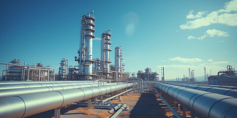 Wall Mural - Industrial zone, Steel pipelines and cables on blue sky background.