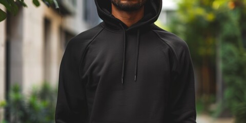 Aufkleber - A man wearing a black hoodie stands in front of a building. This image can be used to portray mystery, urban lifestyle, or anonymity.