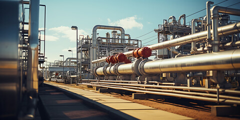 Wall Mural - Industrial zone, Steel pipelines and cables on blue sky background.