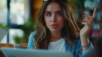Poster - A woman is sitting at a table, working on her laptop. This image can be used to represent remote work, freelancing, or technology in the modern world