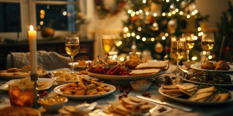 Poster - A picture of a table set with plates of food and glasses of wine. Suitable for restaurant menus or food and wine related content