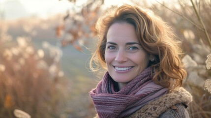 Poster - A woman with red hair and a scarf smiling. Suitable for various uses