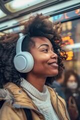Poster - A woman wearing headphones on a subway train. Perfect for illustrating modern urban commuting