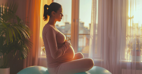 Poster - A pregnant woman sitting on a yoga ball in front of a window. This image can be used to depict prenatal exercise or a peaceful moment during pregnancy