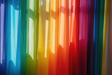 Poster - A vibrant rainbow colored curtain hanging in front of a window, creating a beautiful and colorful display. Perfect for adding a touch of brightness and cheerfulness to any space