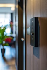 Poster - A close-up view of a door handle on a wooden door. Perfect for home decor and architectural themes