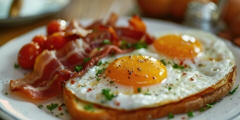 Canvas Print - A delicious plate of breakfast featuring eggs, bacon, and tomatoes. Perfect for breakfast or brunch menus