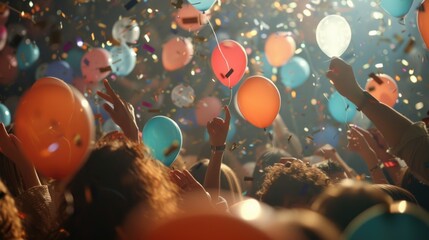 Poster - A lively crowd of people holding up colorful balloons and confetti. This image captures the excitement and joy of a celebration or special event.