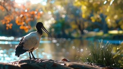 Aufkleber - A bird stands on a rock near a body of water. This image can be used to depict nature, wildlife, tranquility, or peacefulness