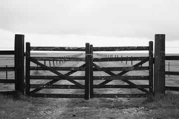 Poster - A black and white photo of a wooden gate. Suitable for various uses