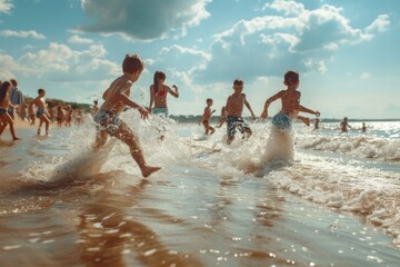 Poster - Group of people running in the water at the beach. Perfect for summer activities and beach vacations