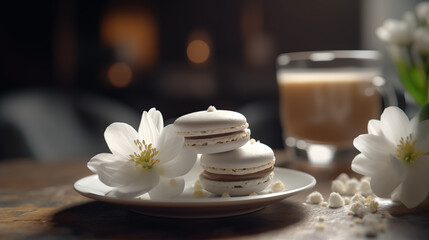 Wall Mural - White macarons and flowers and cappuccino