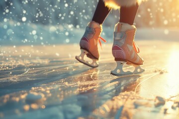 Canvas Print - Ice skates resting on a wet surface, ready for use. Perfect for winter sports or recreational activities.