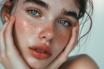 Poster - A close up view of a woman with natural freckles on her face. This image can be used for beauty and skincare related content