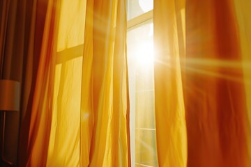 Poster - Sunlight streaming through window curtains. Perfect for adding a warm and cozy atmosphere to any space