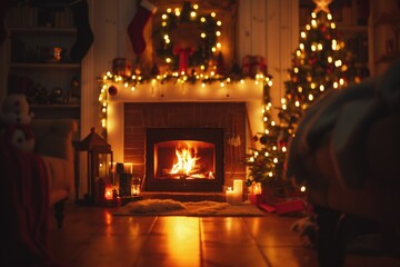 Poster - A cozy fireplace with flickering candles and a beautifully decorated Christmas tree in the background. Perfect for creating a warm and festive atmosphere.
