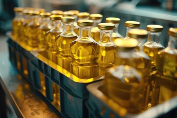 Poster - A collection of oil bottles arranged neatly on top of a table. Perfect for use in cooking or as a backdrop for food-related designs