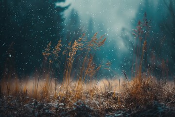 Poster - A picturesque snow-covered field with tall grass. Perfect for winter-themed designs or nature-themed projects