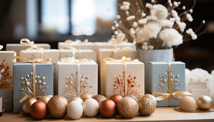 Poster - Christmas ornament gift box on wooden table, decorated with snow generated by AI