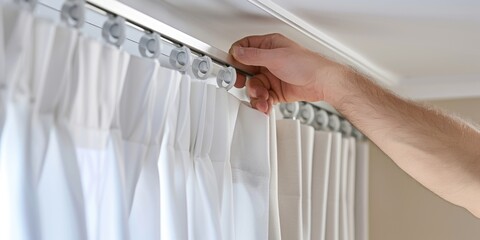 Aufkleber - A hand holds a curtain rod in front of a window. Ideal for home decor or interior design projects