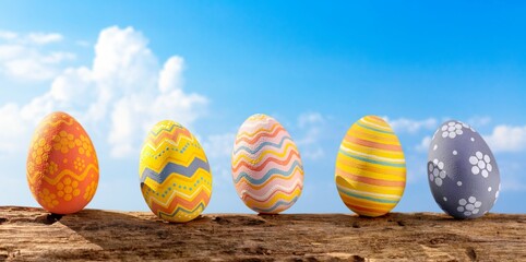 Sticker - Easter concept. Colorful Easter eggs with sky background