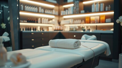 Poster - A massage table with a towel on top. Perfect for spa and relaxation concepts