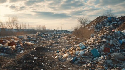 Poster - A pile of garbage sitting on top of a dirt road. Suitable for illustrating environmental pollution and waste management concepts
