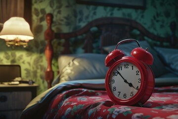 Aufkleber - A red alarm clock sitting on top of a bed. This picture can be used to depict waking up, morning routines, time management, or sleep-related themes