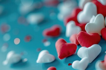 Poster - A collection of red and white hearts arranged on a blue surface. Perfect for Valentine's Day or romantic-themed designs