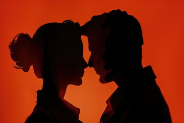 Poster - Two figures, a man and a woman, in silhouette, standing and looking at each other. Ideal for conveying emotions, relationships, and connections. Suitable for various design projects