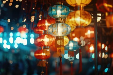 Poster - Colorful lanterns hanging from a ceiling. Perfect for adding a vibrant and festive touch to any event or venue