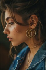 Aufkleber - A detailed shot of a woman wearing a denim jacket. Versatile and stylish, this image can be used in fashion blogs, magazines, or social media posts