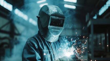 Poster - A man wearing a welding mask is engaged in welding