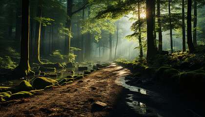 Poster - Tranquil autumn footpath reveals mysterious beauty in nature foggy embrace generated by AI