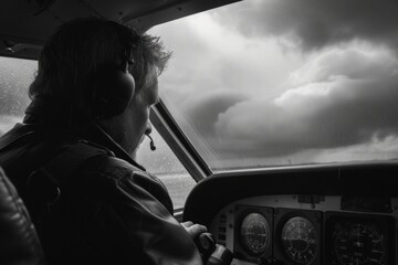 Poster - A man is sitting in the cockpit of a plane. This image can be used to depict aviation, flying, or piloting.
