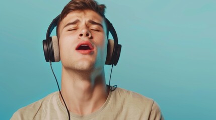 Aufkleber - A man wearing headphones and a tan shirt. Versatile image suitable for various purposes